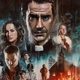 The promotional poster for Netflix's Midnight Mass is an illustration featuring the main characters, with Hamish Linklater looming above them and a church to the right.